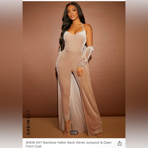 Backless halter neck velvet jumpsuit with open coat - Picture 3 of 3